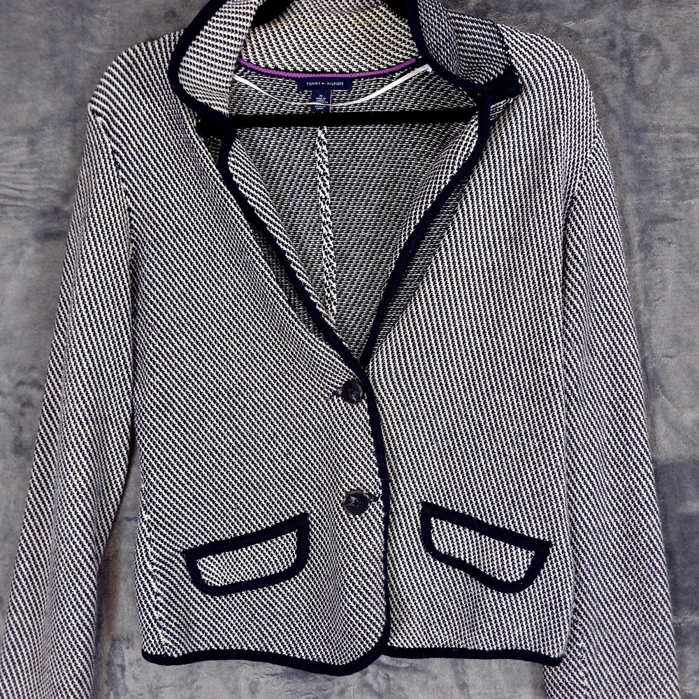 Tommy Hilfiger Sweater Jacket Womens Medium Blue White Knit Blazer Cardigan